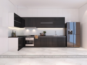 Mẫu tủ bếp Acrylic tông đen trắng hiện đại nhà chị Bình Hạ Long, Tủ Bếp Hạ Long