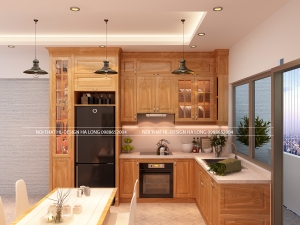 Thiết kế tủ bếp tân cổ điển gỗ Gõ nhà anh Tú - Tp Hạ Long - Quảng Ninh