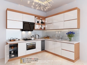 Tủ bếp màu vân gỗ sáng hiện đại, trẻ trung