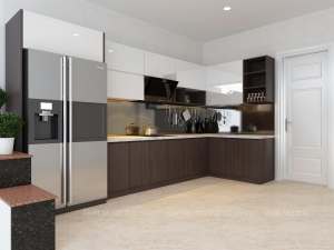 Tủ bếp tông caphe cho nhà ống - Nội thất HL-Design Hạ Long