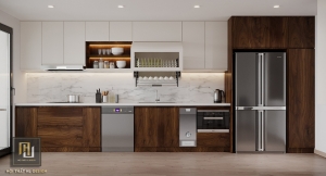 Tủ bếp hiện đại bằng chất liệu nhựa Picomat chịu nước kết hợp màu nâu gỗ Óc Chó đẹp và hiện đại tại Thành Phố Hạ Long - Quảng Ninh