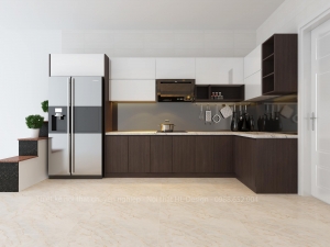 Tủ bếp tông caphe cho nhà ống - Nội thất HL-Design Hạ Long